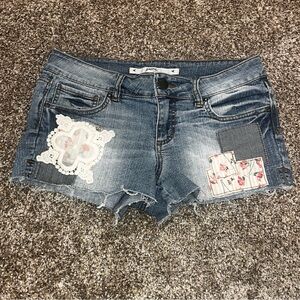 Grane Blue Jean Shorts with Distressed Lace Patch